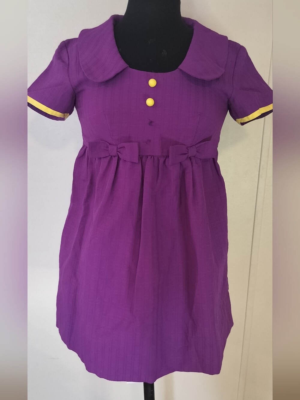 Purple Short-Sleeve Mini Dress with Bow Waist & Gold Trim